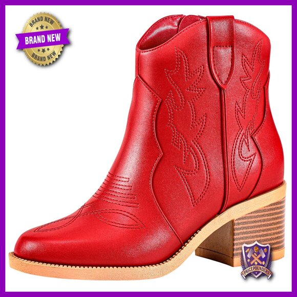 Embroidered Western Cowboy Boots Retro Classic Chunky Heel Ankle Booties